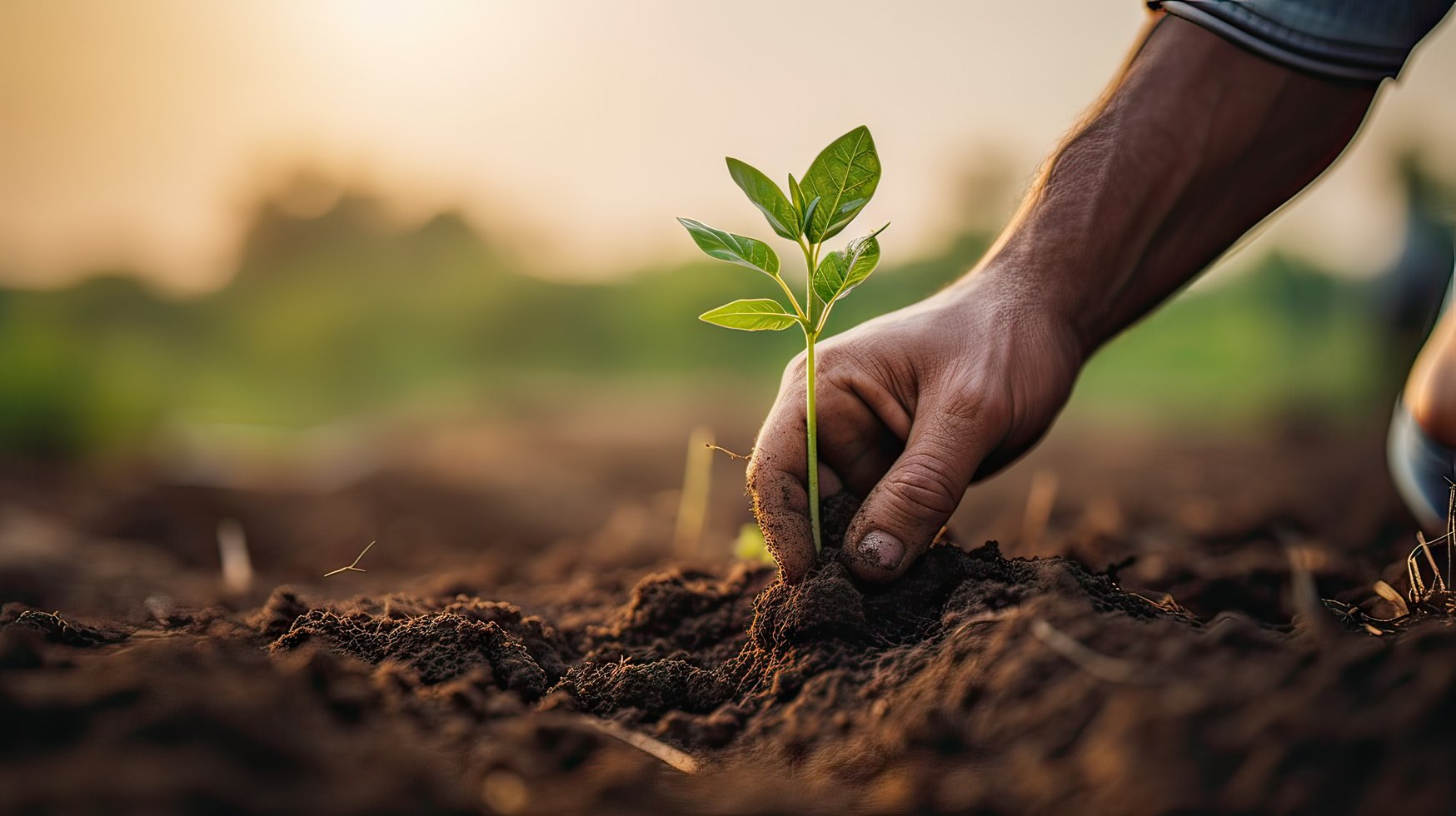 Farmer's Hands Planting Seedling in Regenerative Agriculture Field: Close-up Shot. Sustainable Farming and Eco-Friendly Agriculture Concept